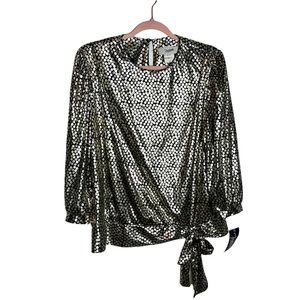 New old stock vintage metallic blouse tie waist black silver. Made in USA.